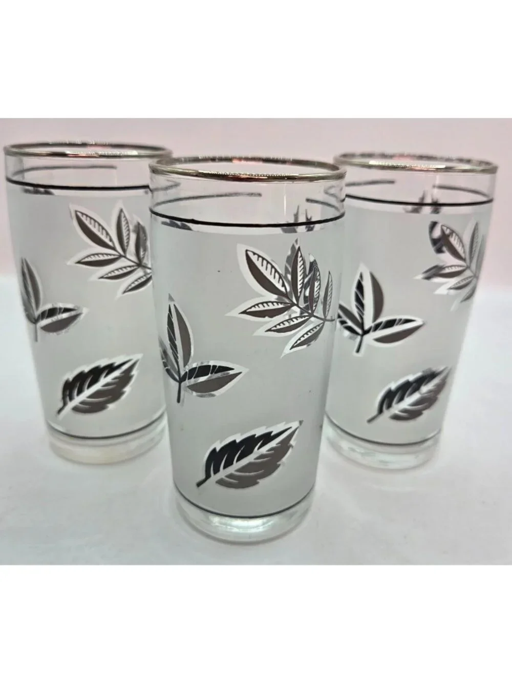 Vtg Silver Leaf Foliage Highball Glasses Metallic Rim 4